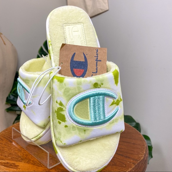 Champion NWT Plush Lemon Cloud Slipper Slides Green Tie Dye Blue Size 8 - Picture 2 of 13